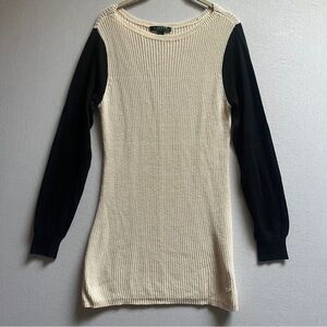 Ralph Lauren Cream Black Waffle Knit Tunic Sweater Mini Dress Sz S